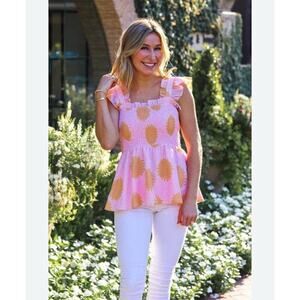 J. Marie Pink Smocked Ruched Square Neck Blouse Size M Sarah Katherine New